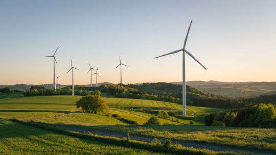 vindmøller på mark ved solnedgang