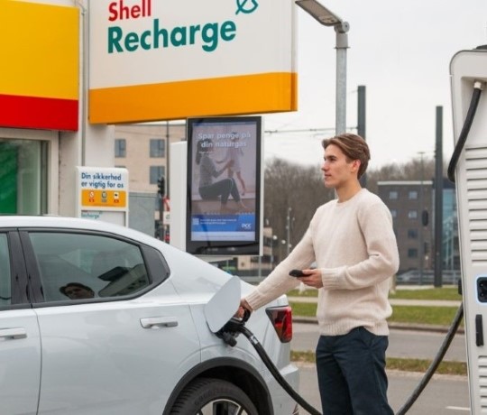 ung fyr oplader sin bil med Shell Recharge