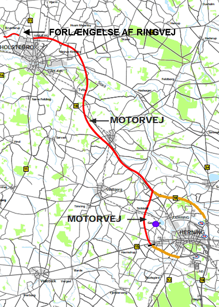 Denne linjeføring er nu vedtaget af politikerne. Vejen bygges som motorvej hele vejen, men det efterlader alligevel to strækninger med mototrafikvej (orange). (klik for at se større)