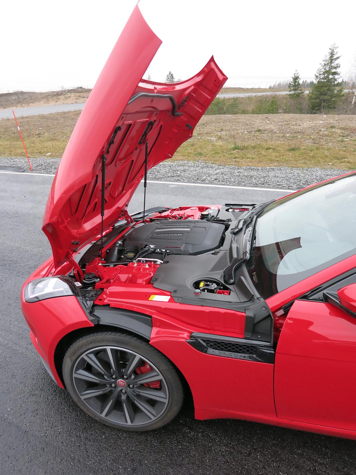 Motorrummet i Jaguar F-Type Coupé er dækket af en fronthængslet motorhjelm. Herunder ligger enten en sekscylindret trelitersmotor eller en V8er på fem liter.