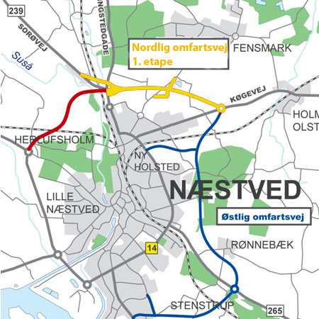 Der er nu omfartsvej hele vejen nord om Næstved. Det er den røde strækning, der er åbnet som sidste del.