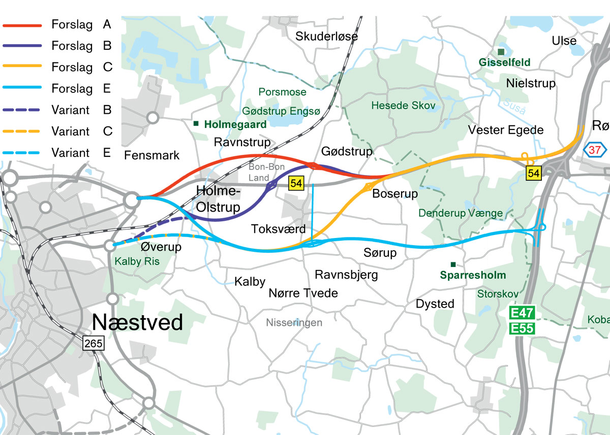 Forslag A, B og C har samme forløb på den østlige del, men har forskellige linjeføringer ved Holme Olstrup. Forslag E går noget sydligere. B, C og E kan også afsluttes ved Næstved østlige omfartsvej. Dermed bliver forbindelsen videre mod vest mindre god. Kort: Vejdirektoratet