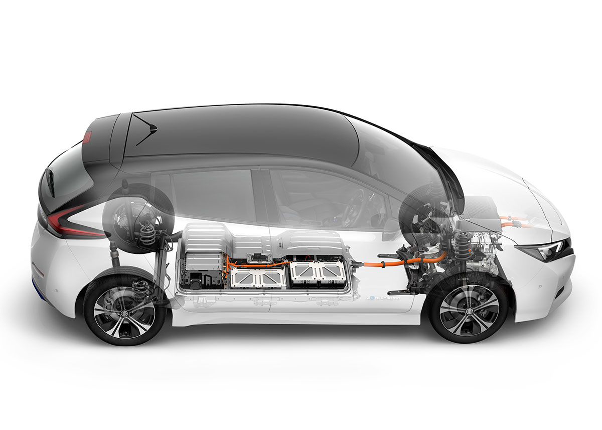 Den nye Leaf har batterierne liggende over det meste af bunden. Akselafstanden er helt som på den nuværende model - om platformen er ny eller ej er uvist.