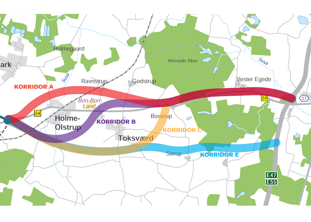 Mulige linjeføringer af ny rute 54 ifølge forundersøgelsen.Den røde A-løsning med motorvejsstandard ser ud til at være favorit.