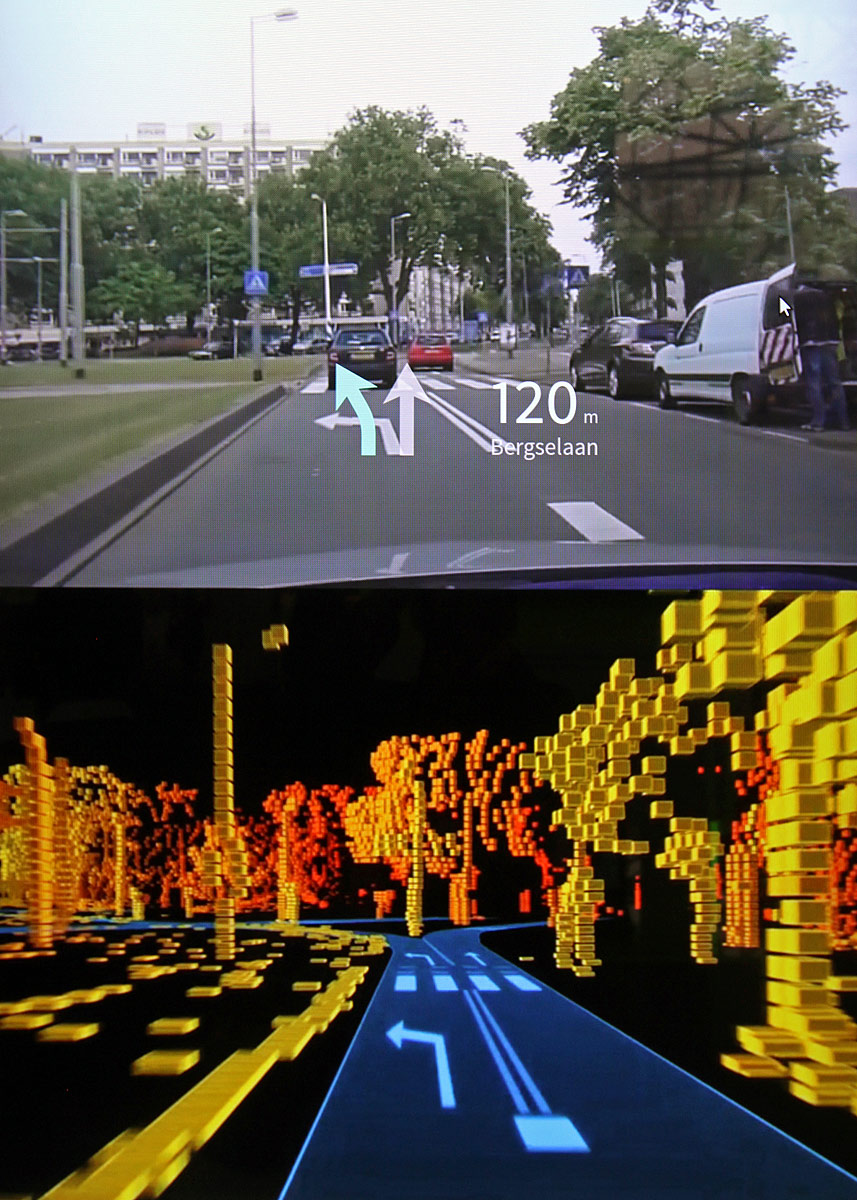 Virkeligheden foroven og den fortolkede datavirkelighed som bilen ser forneden. Fotos: Torben Arent