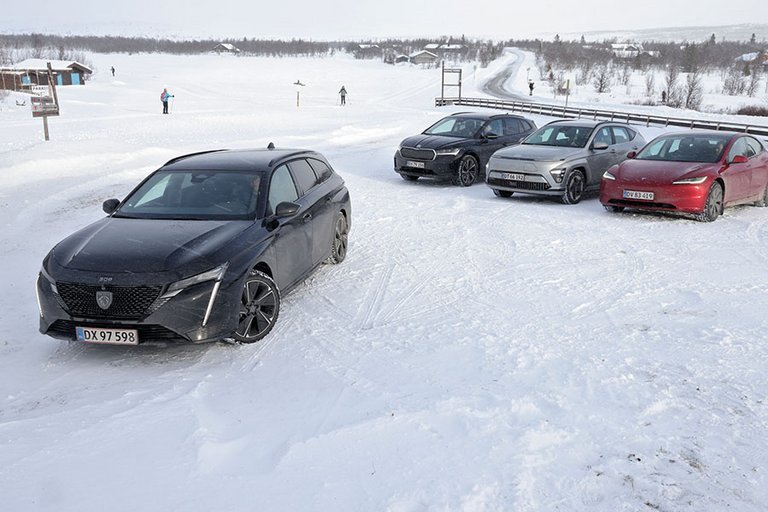 Fem elbiler parkeret i vinterlandskab