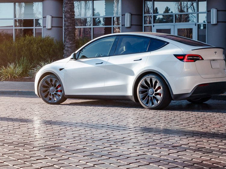 Hvid Tesla Model Y holder foran bygning og palmetræer. 