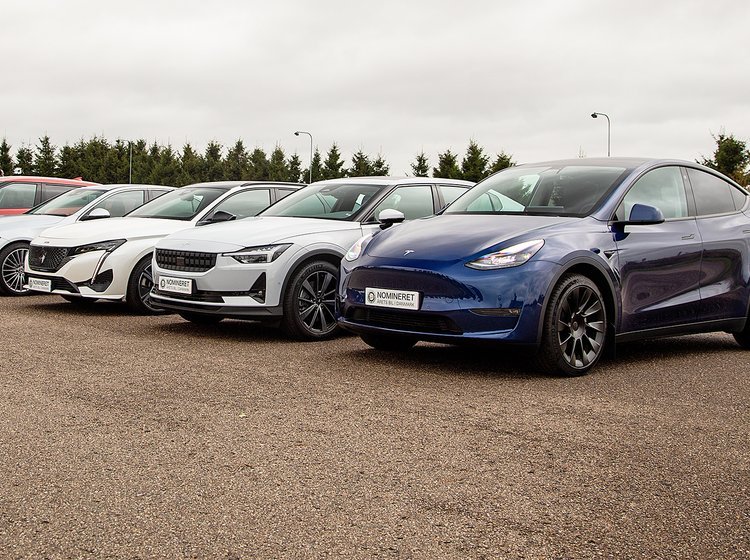 7 biler på stribe med blå Tesla Model Y i forggrunden.