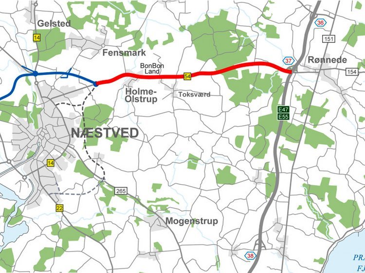 Rute 54 skal udbygges til motorvej mellem Næstved og Rønnede.