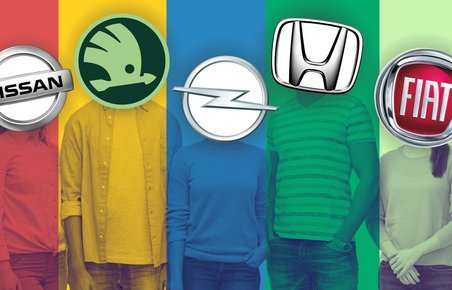 Gruppe af personer med billogoer som ansigter