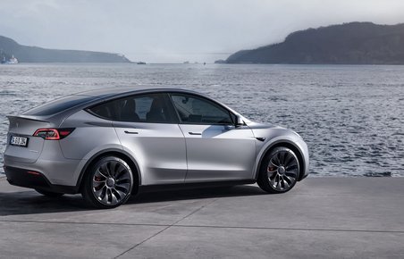 Tesla Model Y holder ved en sø. 
