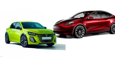 Gul Peugeot 208 og rød Tesla Model Y