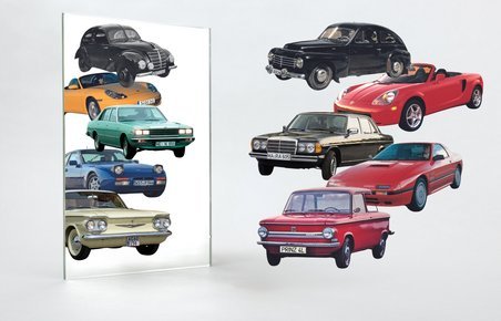Collage med udvalgte bilmodeller og spejl. I genspejlingen ses dobbeltgængeren.